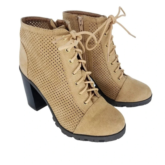Qupid Shoes - Qupid Ankle Booties Perforated Lace Up Block Heel Boots